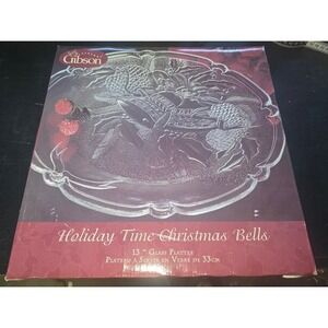 Gibson Holiday Time Christmas Bells 13 Inch Glass Platter Serving Tray Clear